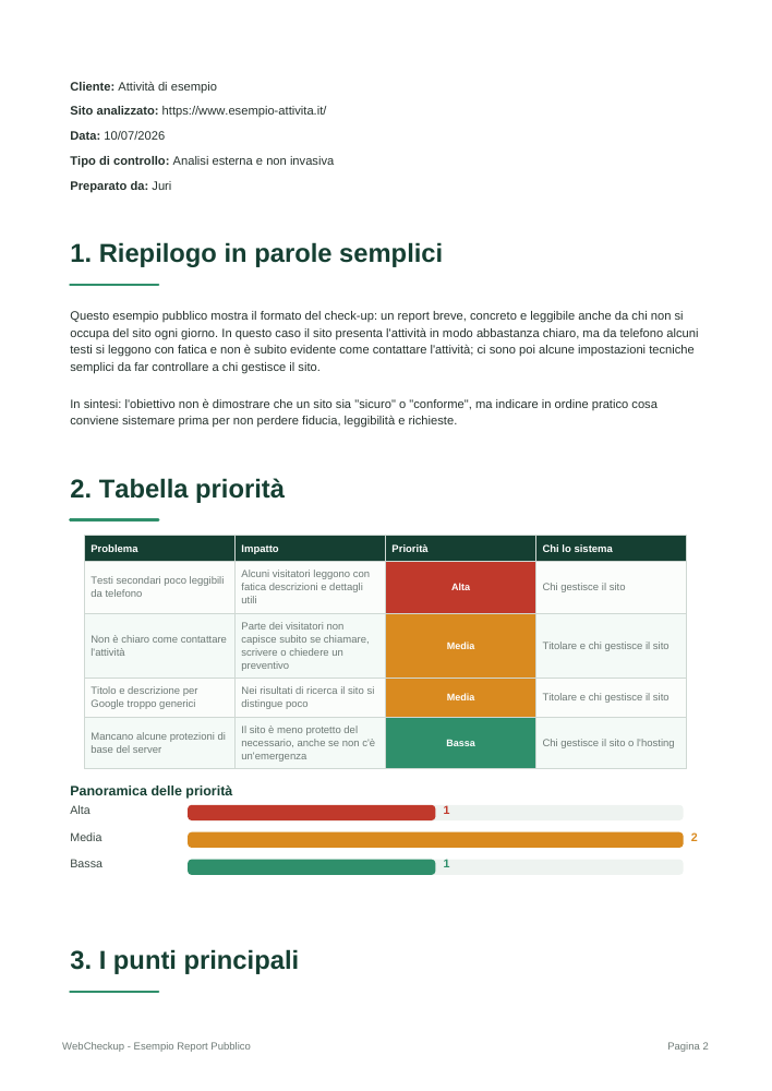 Una pagina del report: osservazioni e priorità